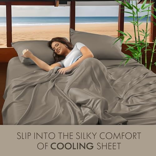 Cooling Sateen Home 4-Piece Queen Bamboo Bed Sheet Set, 100% Organic Cooling Fabric, 16" Deep Pocket, Taupe - Luxury Bed Sheet Set with Deep Pockets Detail