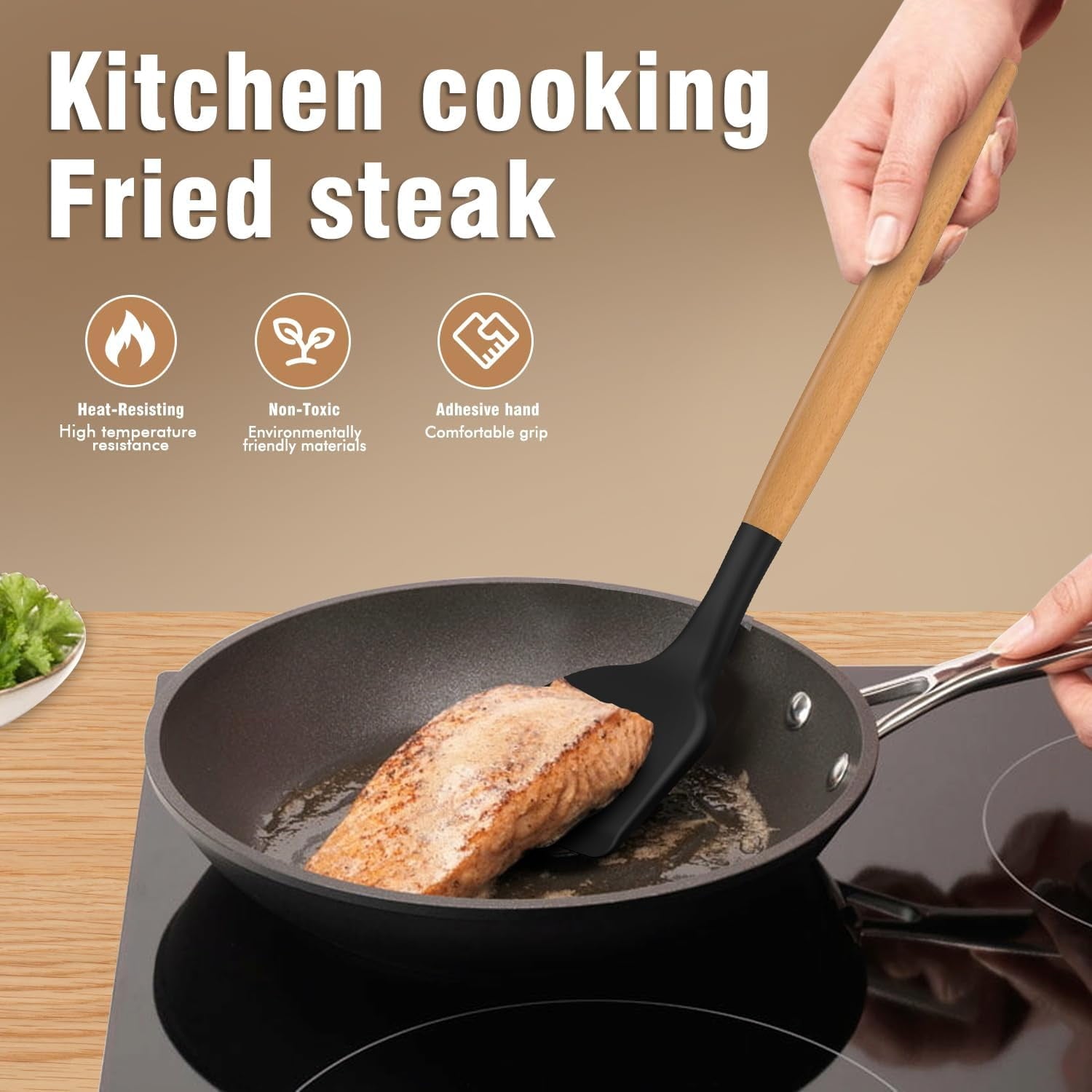 Non-Stick Safe Silicone Cooking Utensils Set - Silicone Kitchen Utensils for Cooking Wooden Handles, 446°F Heat Resistant Kitchen Ut... - Durable Turner & Ladle Utensil Set for Home Chefs Detail