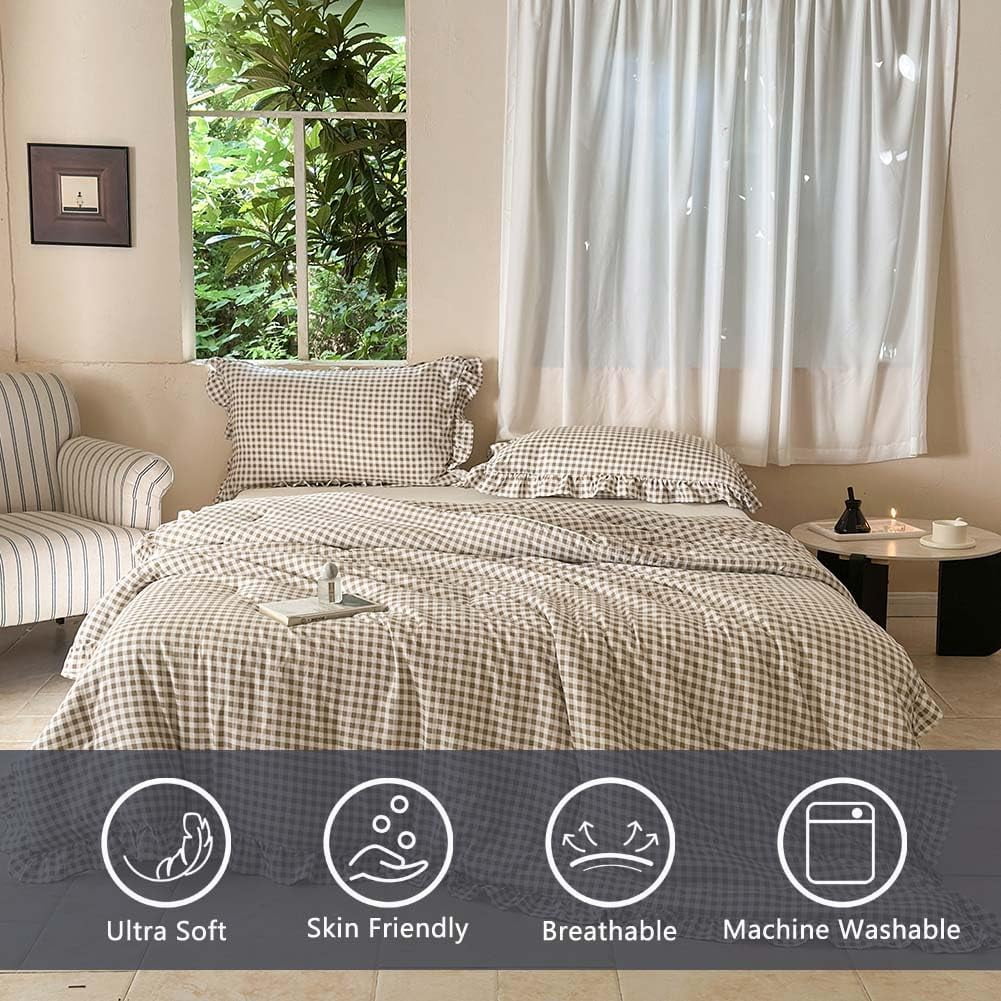 Heavyweight Warmth Tan Gingham Ruffle Queen Comforter Set, Taupe Ruffled Plaid Bedding Set, Ruffled Checked Bed Comforter 3 Pieces(Tan G... - Luxurious Quilted Duvet Cover Set Detail