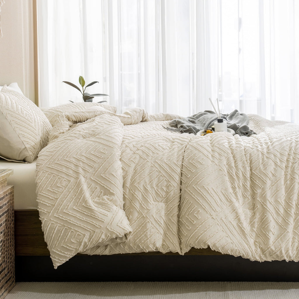 Heavyweight Warmth King Size Comforter Sets Beige - 3 Pieces Cream Boho Bedding Comforter Set for King Bed - Soft Fluffy Tufted Textured... - All-Season Down Alternative Comforter Insert Detail