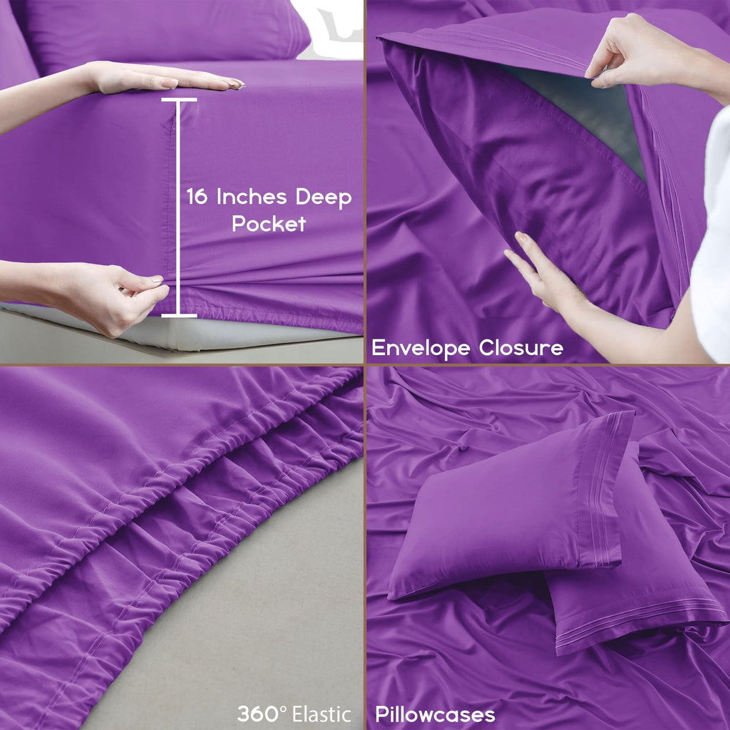 Breathable Luxury King Bed Sheets - 16 Inch Deep Pocket 6 Piece Microfiber Bedding Sheets & Pillowcase Sets - Purple - Cooling Hotel Quality Bedding Sheets and Pillowcases Detail