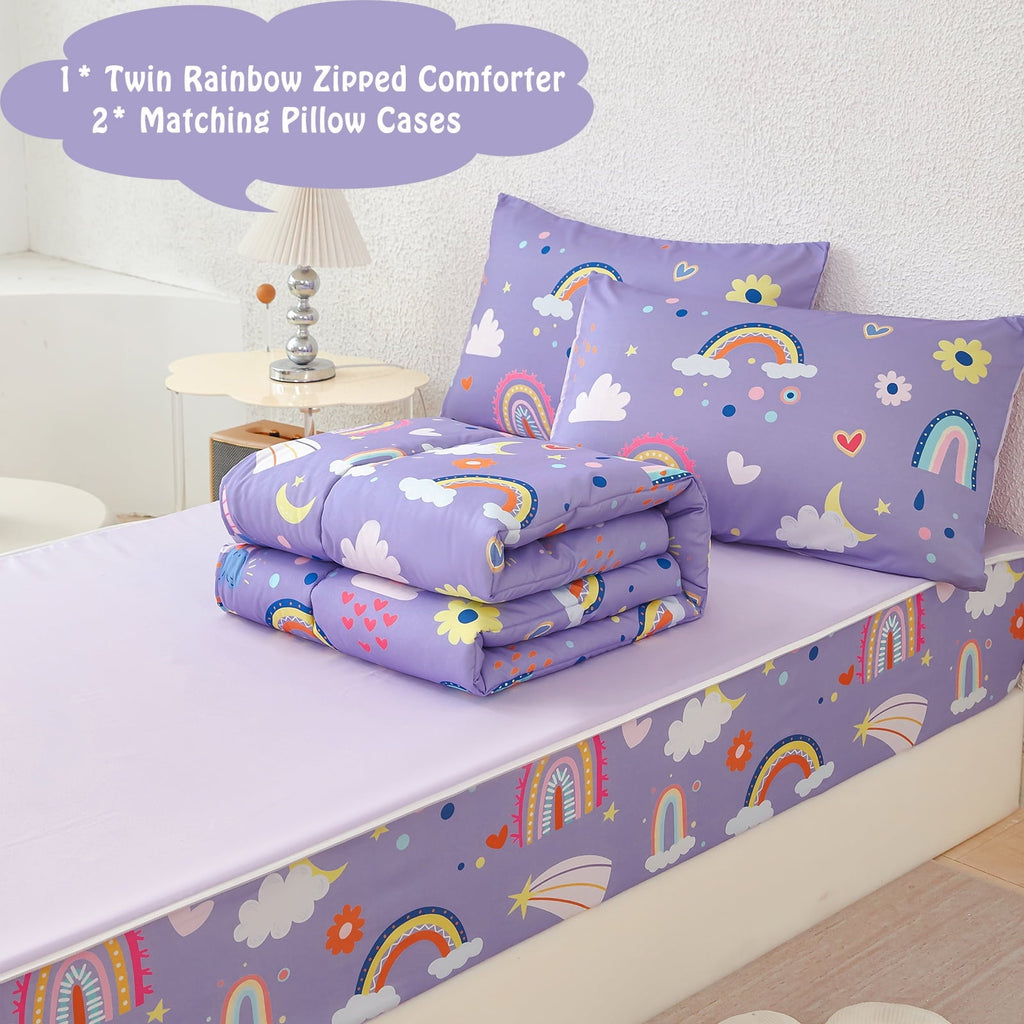 Heavyweight Warmth Zipper Kids Comforter Set, 3-Piece Purple Twin Bed in a Bag, Cartoon Rainbow Stars Flowers Printed Zip Up Comforter S... - Luxurious Quilted Duvet Cover Set Detail