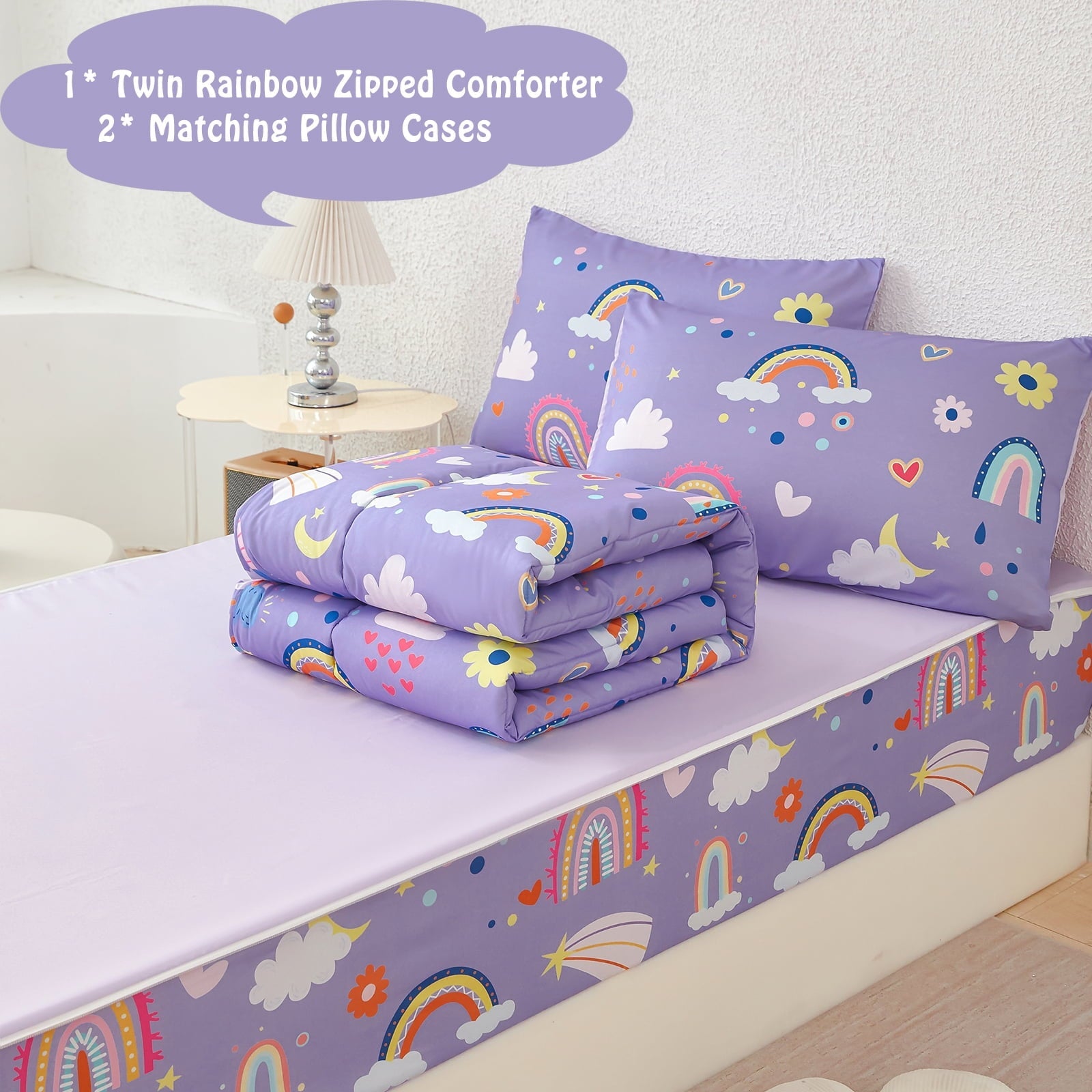 Heavyweight Warmth Zipper Kids Comforter Set, 3-Piece Purple Twin Bed in a Bag, Cartoon Rainbow Stars Flowers Printed Zip Up Comforter S... - Luxurious Quilted Duvet Cover Set Detail