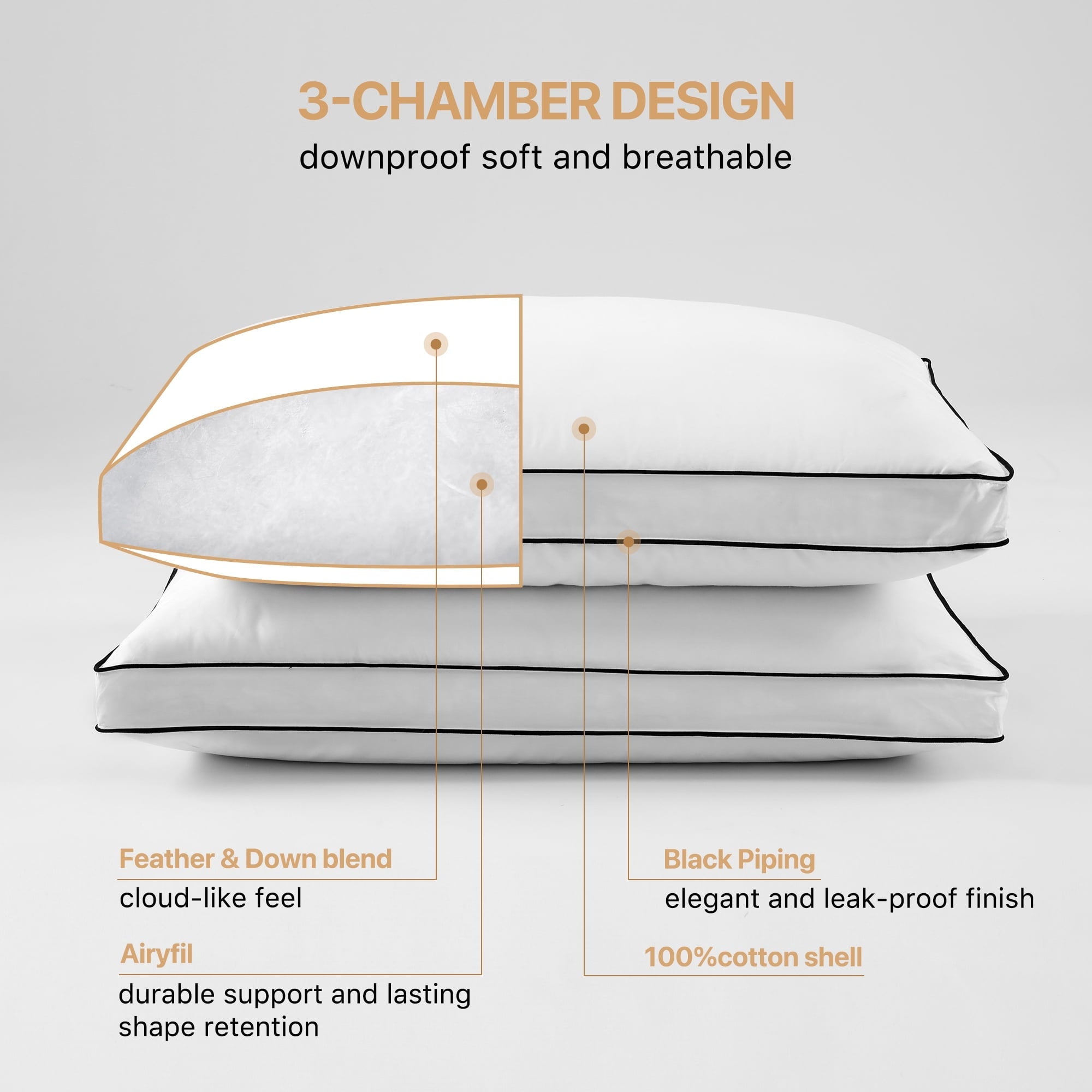 Orthopedic Support Gusseted Feather Down Pillow Set of 2, Medium Firm Hotel Bed Pillows 2 Pack, Queen Size for Side Sleepers, 20 x 30 in - Decorative Throw Pillow Cushion for Sofa & Bed Detail