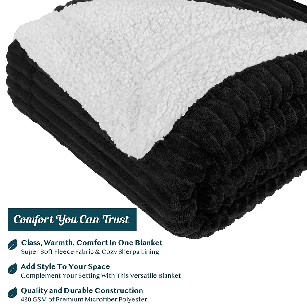 Cozy Fleece Reversible Sherpa Fleece Throw Blanket Black, Plush Flannel Throw, Ultra Soft Warm Ribbed Microfiber Blanket for Sofa... - Super Soft Reversible Sherpa Flannel Blanket Detail