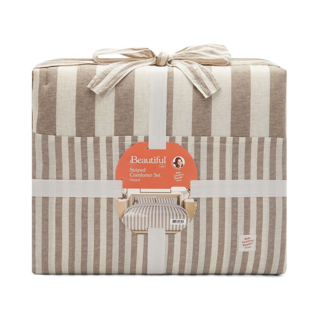 Hypoallergenic Cloud 100% Cotton Striped 3-Piece Natural Comforter Set, Full/Queen - Cloud-Like Soft Lightweight Bed Comforter Detail