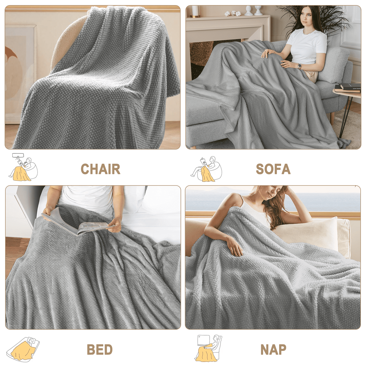 Super Soft Flannel Throw Blanket, Decorative Throws with Waffle Wave Design, Super Soft Plush Fuzzy Blankets , Luxury Lightweight and Br... - Lightweight Plush Warm Blanket for All Seasons Detail