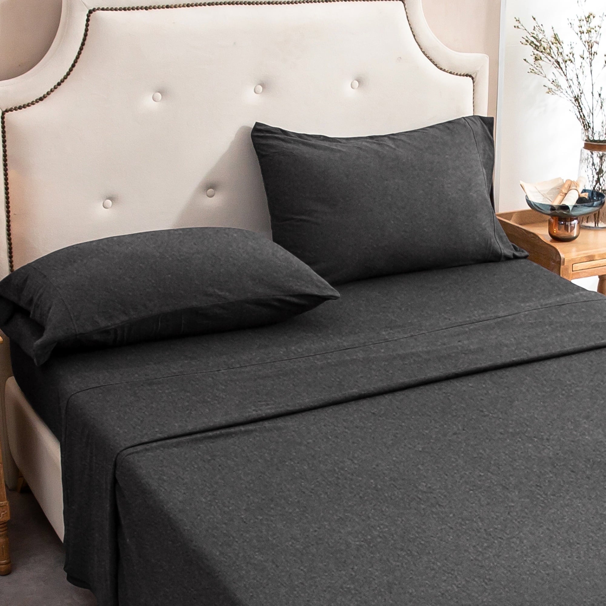 Ultra-Soft 100% Cotton Jersey Knit 4pc Bed Sheet Set Extra Deep Pocket up to 20" Charcoal Gray Queen - Luxury Bed Sheet Set with Deep Pockets Detail