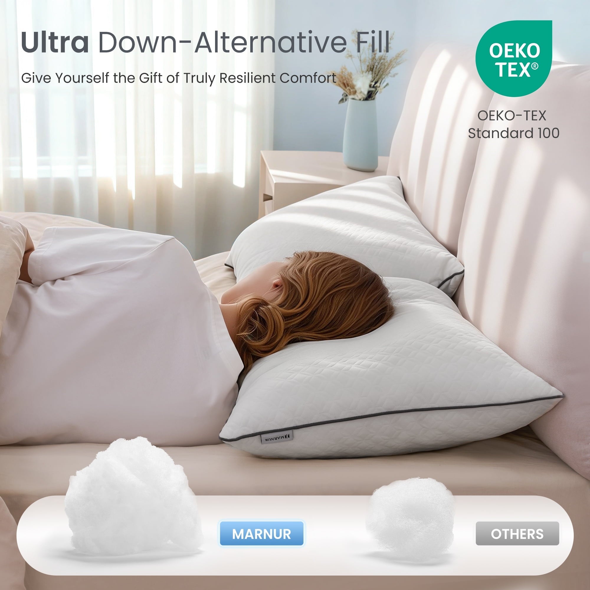 Decorative Plump Bed Pillows Hotel Collection Luxury Down Alternative Pillow for Beds 2 Pack, Medium Support for Side & Back Sleepers ... - Orthopedic Shredded Foam Bed Pillow Set Detail