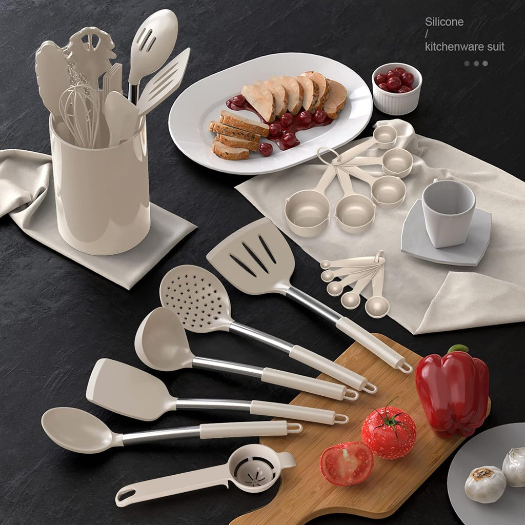 Heavy Duty Large Silicone Cooking Utensils Set - Heat Resistant Kitchen Utensils,Turner Tongs,Spatula,Spoon,Brush,Whisk,Stainles... - High-Precision Culinary Tool for Baking & Cooking Detail