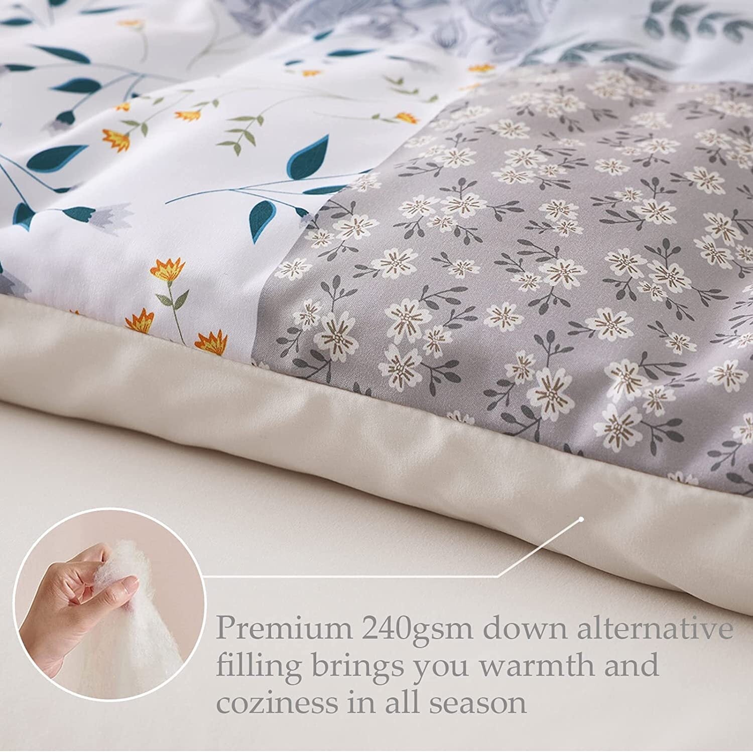 All-Season 3-Piece Queen Comforter Set, Soft Reversible Bedding Comforter Sets, Patchwork Printed Down Alternative Comforter Duv... - Cloud-Like Soft Lightweight Bed Comforter Detail