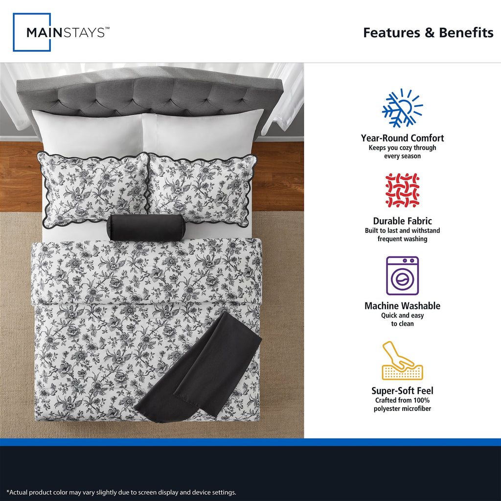 Heavyweight Warmth Floral Scallop 4-Piece White/Black Comforter Set, Twin/Twin XL - Luxurious Quilted Duvet Cover Set Detail