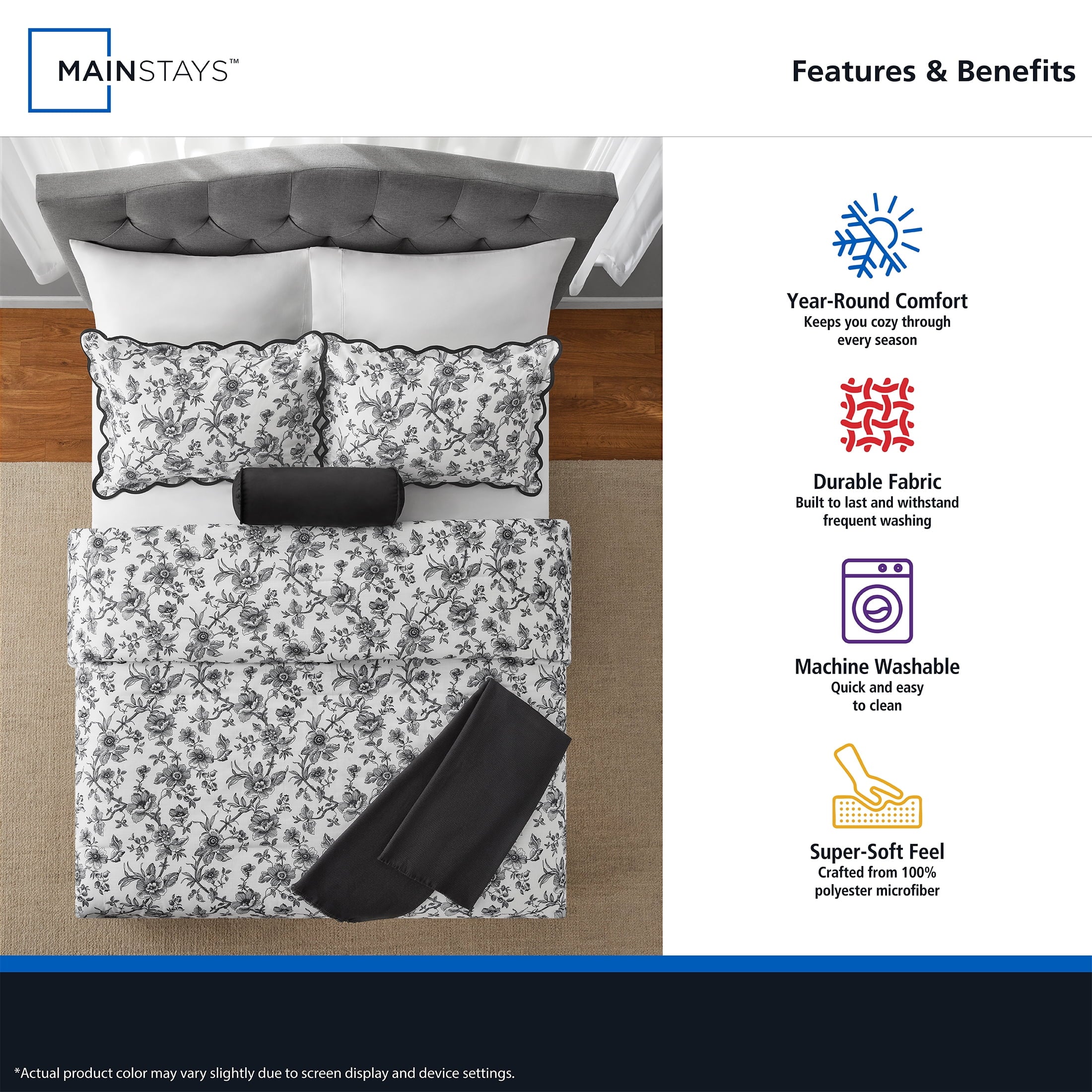 Heavyweight Warmth Floral Scallop 4-Piece White/Black Comforter Set, Twin/Twin XL - Luxurious Quilted Duvet Cover Set Detail