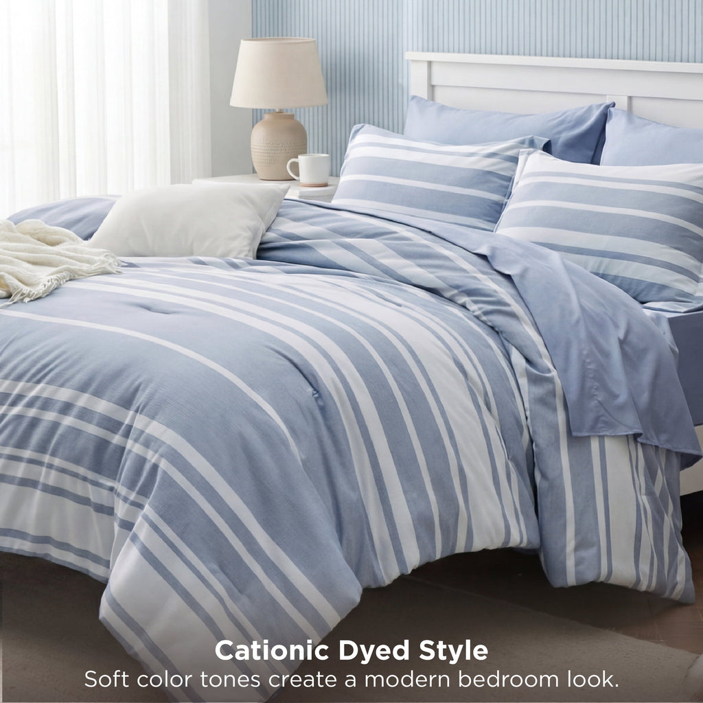 Luxurious Quilted Queen Comforter Set Blue, Bed in a Bag Queen Size Bedding 7-Pieces, Striped Bedding Set for All Seasons - Cloud-Like Soft Lightweight Bed Comforter Detail