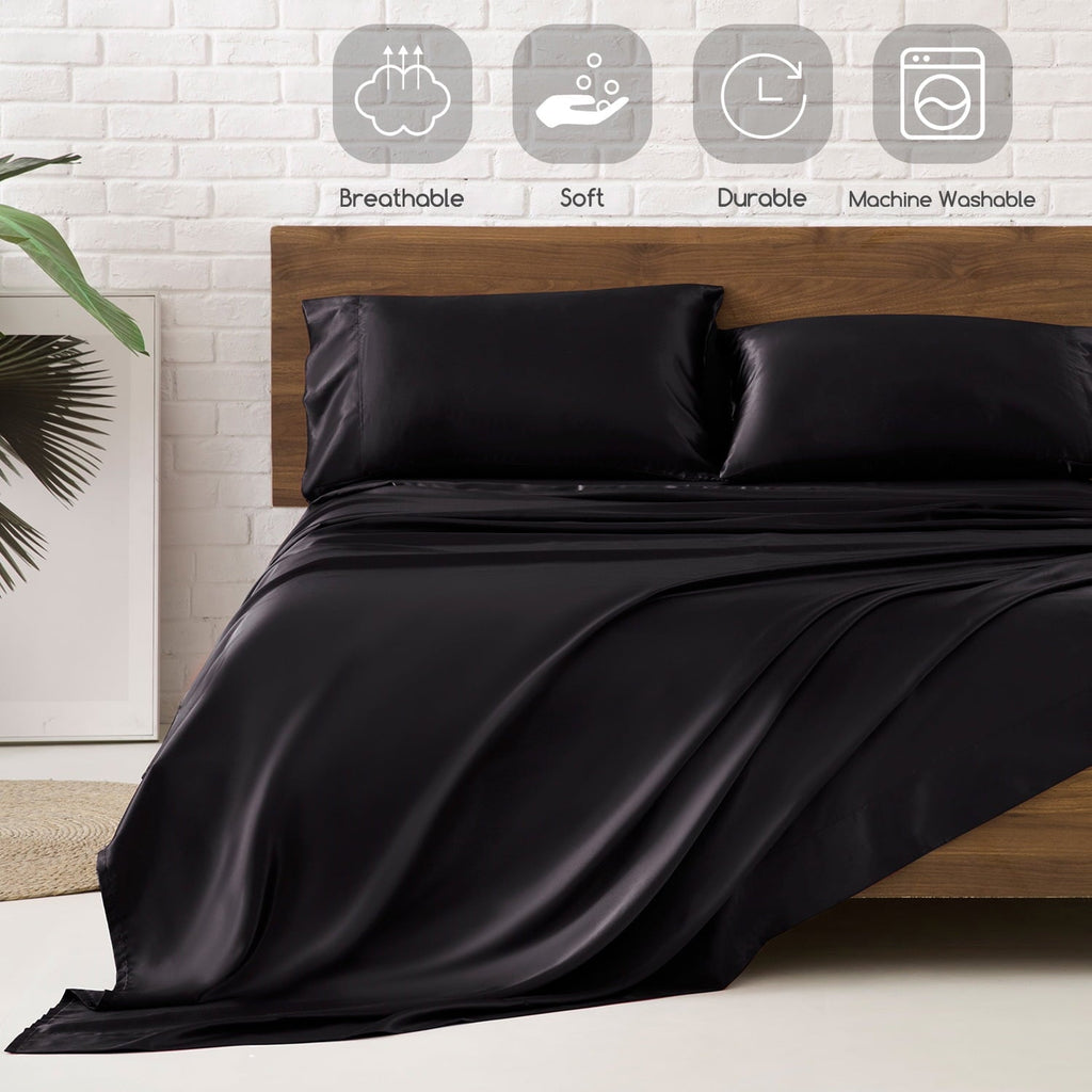 Breathable Luxury Set Queen 4 Pcs, Silky Elegant Luxurious Queen Size Bed s, with Flat , Deep Pocket Fitted for Mattress and Matching P... - Luxury Bed Sheet Set with Deep Pockets Detail