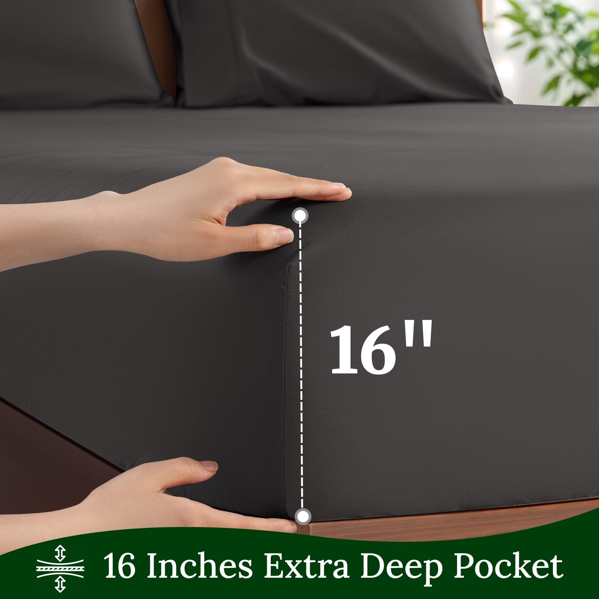 Ultra-Soft 100% Cotton Bed Sheets Set, 1000 Thread Count 4 Piece Luxury Soft Sheets Set with 16" Deep Pocket, Queen, Dark Gray - Breathable Egyptian Cotton Flat & Fitted Sheets Detail