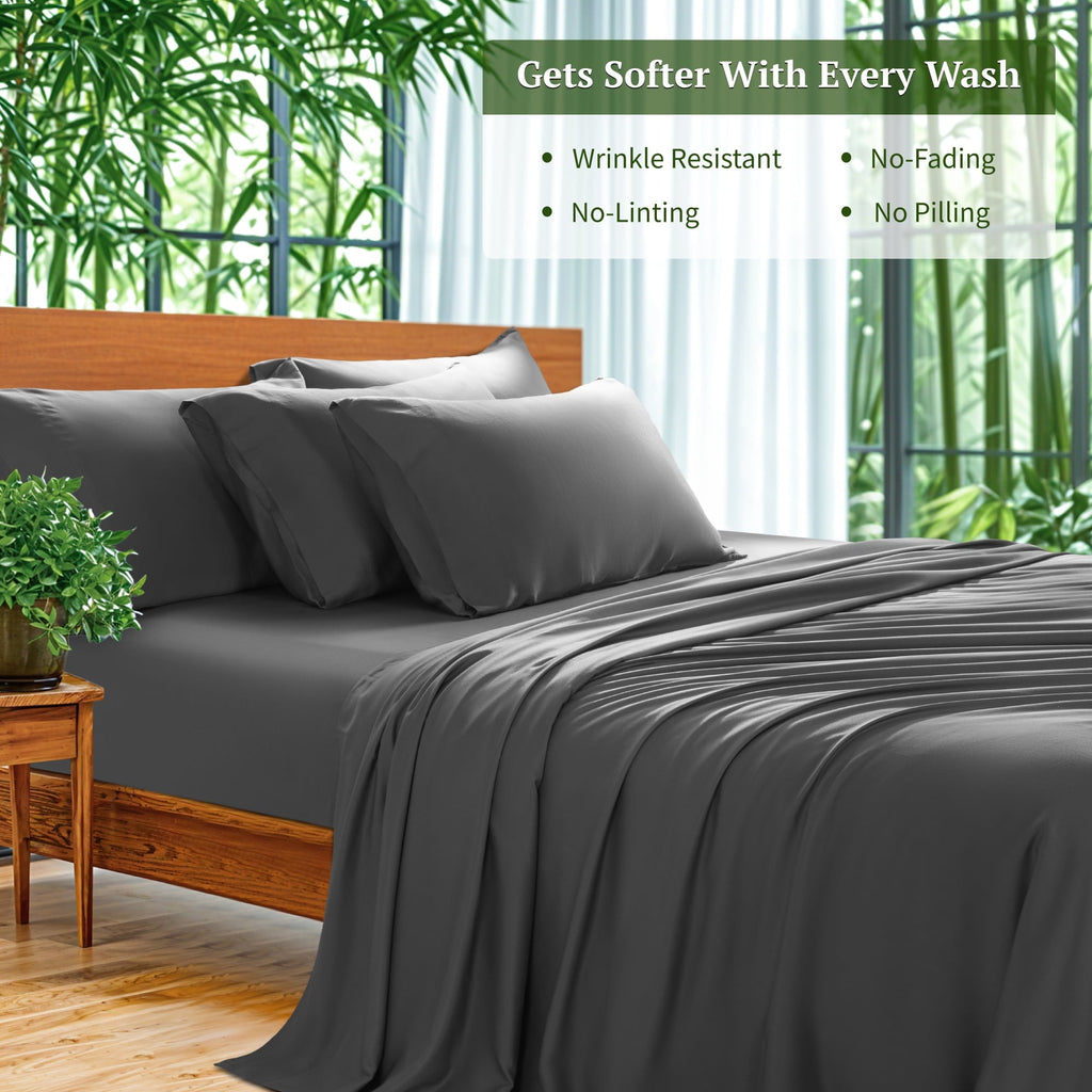 Wrinkle-Resistant 6 Pieces Bamboo Bed Sheets Set, Luxury Rayon Derived - Deep Pockets - Wrinkle Free - Extremely Soft, Queen, Dark Gray - Breathable Egyptian Cotton Flat & Fitted Sheets Detail