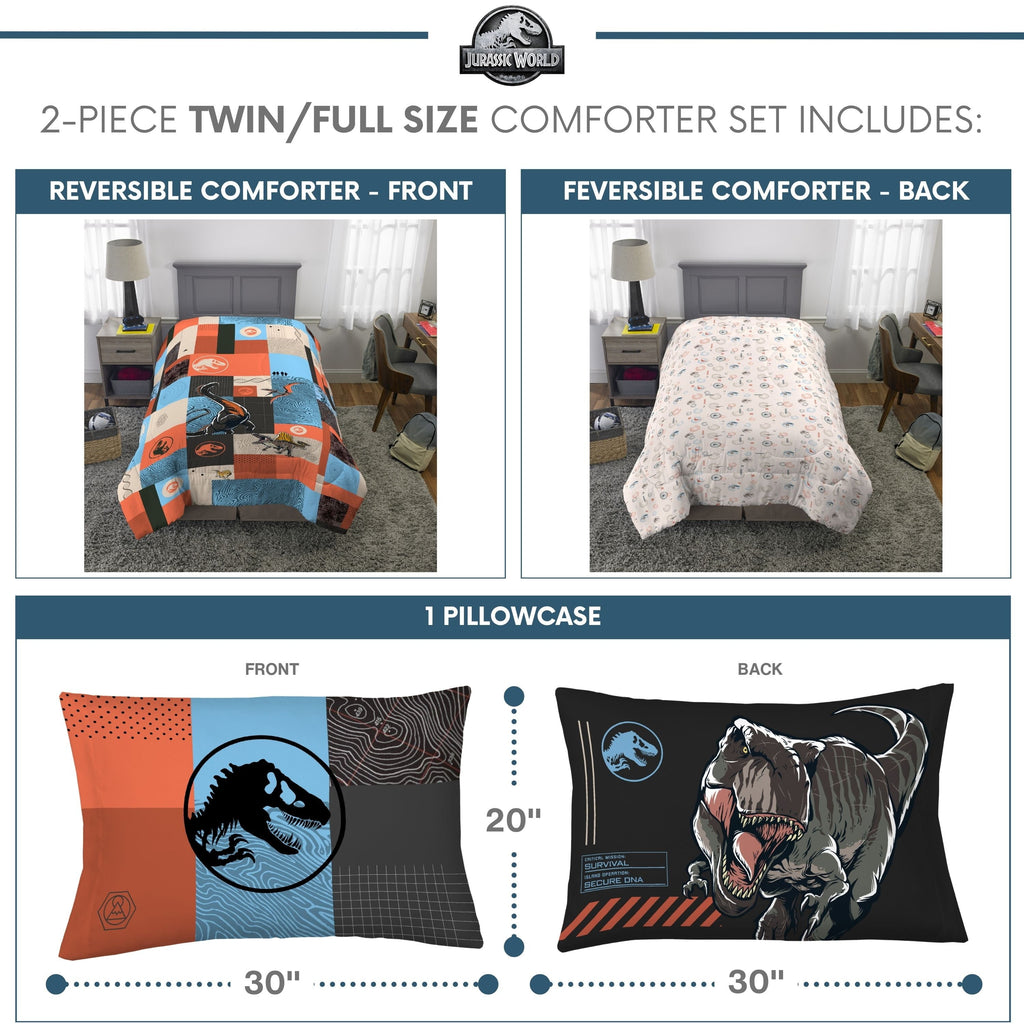 All-Season Kids 2 Piece Blue Orange Reversible Dinosaur Comforter and Pillowcase set, Twin/full - Hypoallergenic Ultra-Fluffy Quilt for Winter Detail
