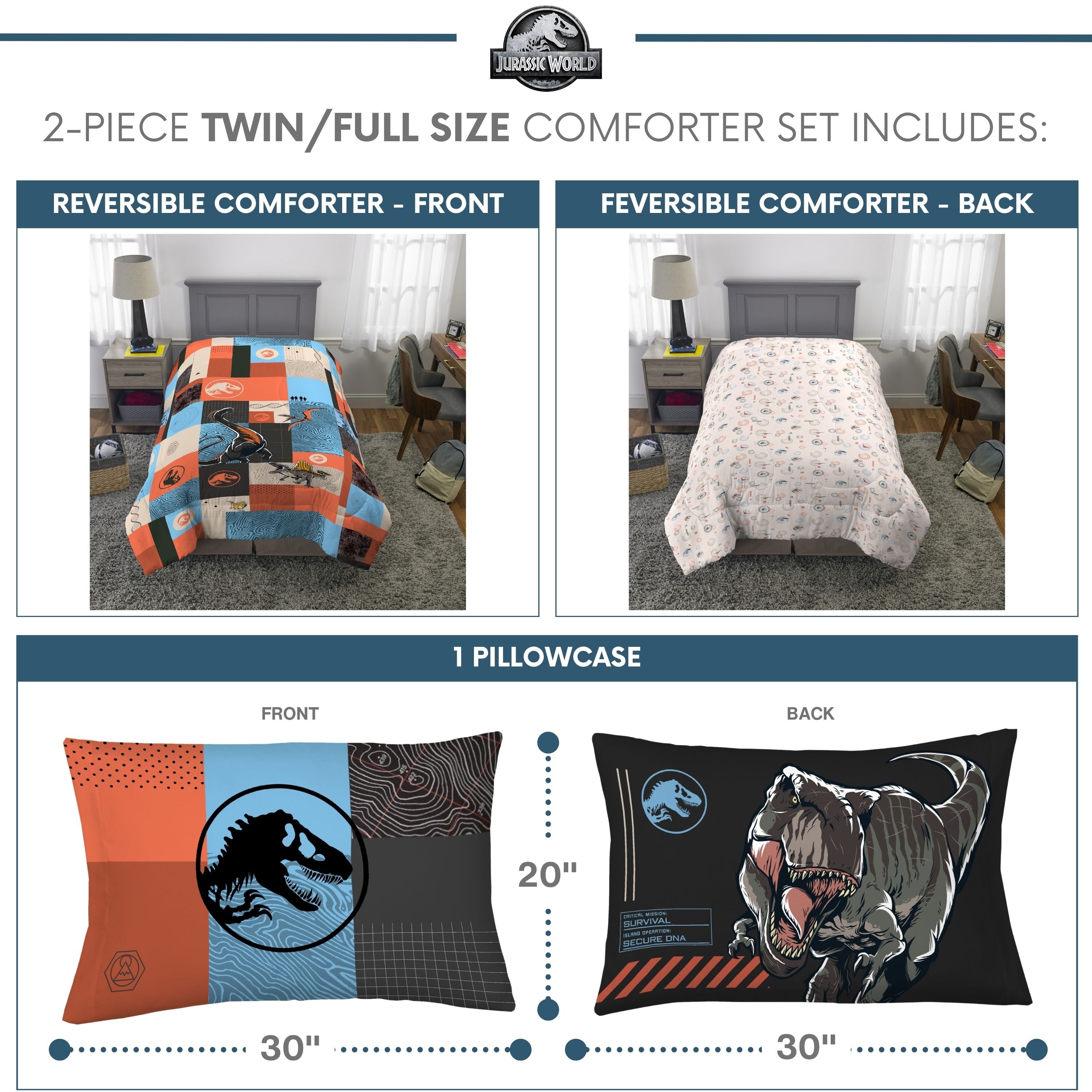 All-Season Kids 2 Piece Blue Orange Reversible Dinosaur Comforter and Pillowcase set, Twin/full - Hypoallergenic Ultra-Fluffy Quilt for Winter Detail