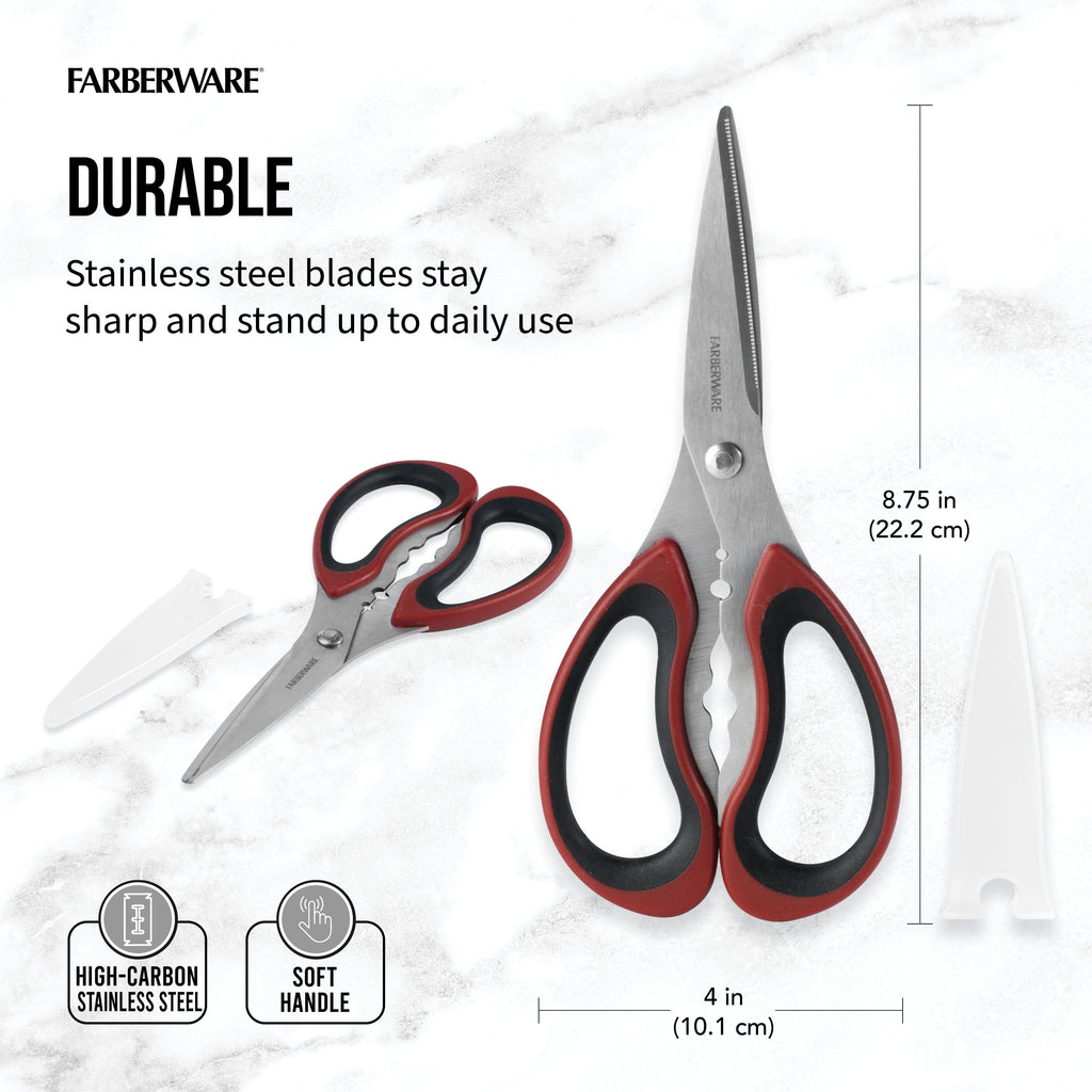 Premium Kitchen Stainless Steel Kitchen and Herb Shears with Red and Black Handle - Premium Stainless Steel Garlic Presser & Peeler Detail