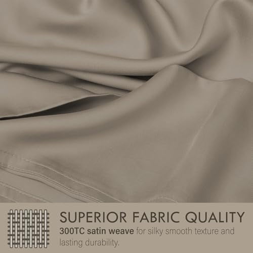 Cooling Sateen Home 4-Piece Queen Bamboo Bed Sheet Set, 100% Organic Cooling Fabric, 16" Deep Pocket, Taupe - Luxury Bed Sheet Set with Deep Pockets Detail