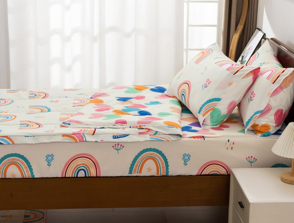 Luxurious Quilted 3-Piece Kids Comforter Set Twin Zipper Bedding for Girls, Rainbow Comforter with Flower Pattern (Beige) - Luxurious Quilted Duvet Cover Set Detail