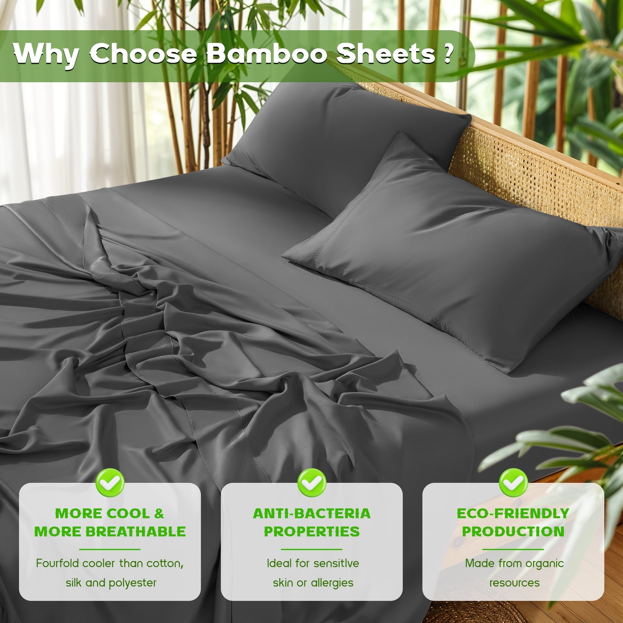 Premium Egyptian Cotton Luxury Bamboo Bed Sheet Set - Deep Pockets - 4 Piece, Queen, Dark Gray - Luxury Bed Sheet Set with Deep Pockets Detail
