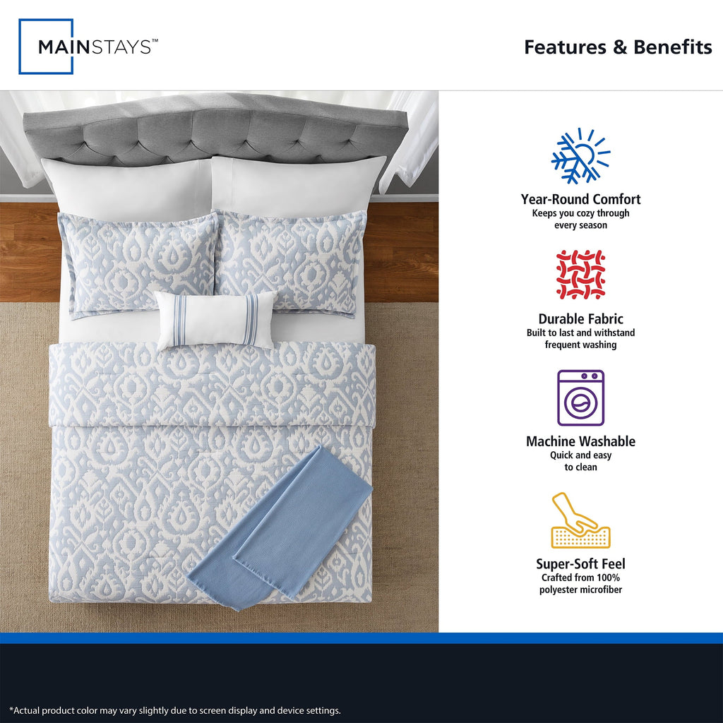 Luxurious Quilted Full/Queen Comforter Set, All-Season, 5-Piece, Blue Matelasse Ikat - Cloud-Like Soft Lightweight Bed Comforter Detail