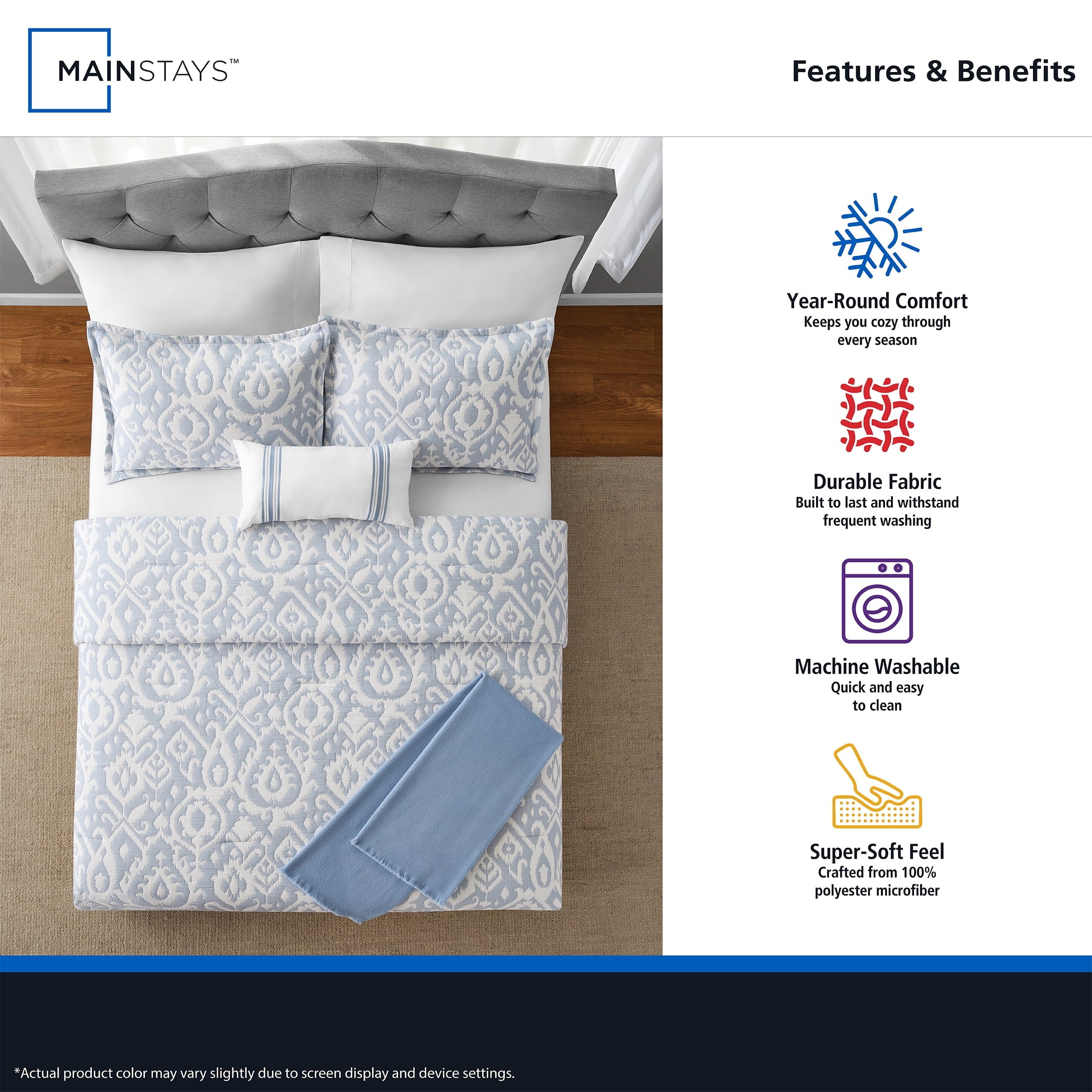 Luxurious Quilted Full/Queen Comforter Set, All-Season, 5-Piece, Blue Matelasse Ikat - Cloud-Like Soft Lightweight Bed Comforter Detail