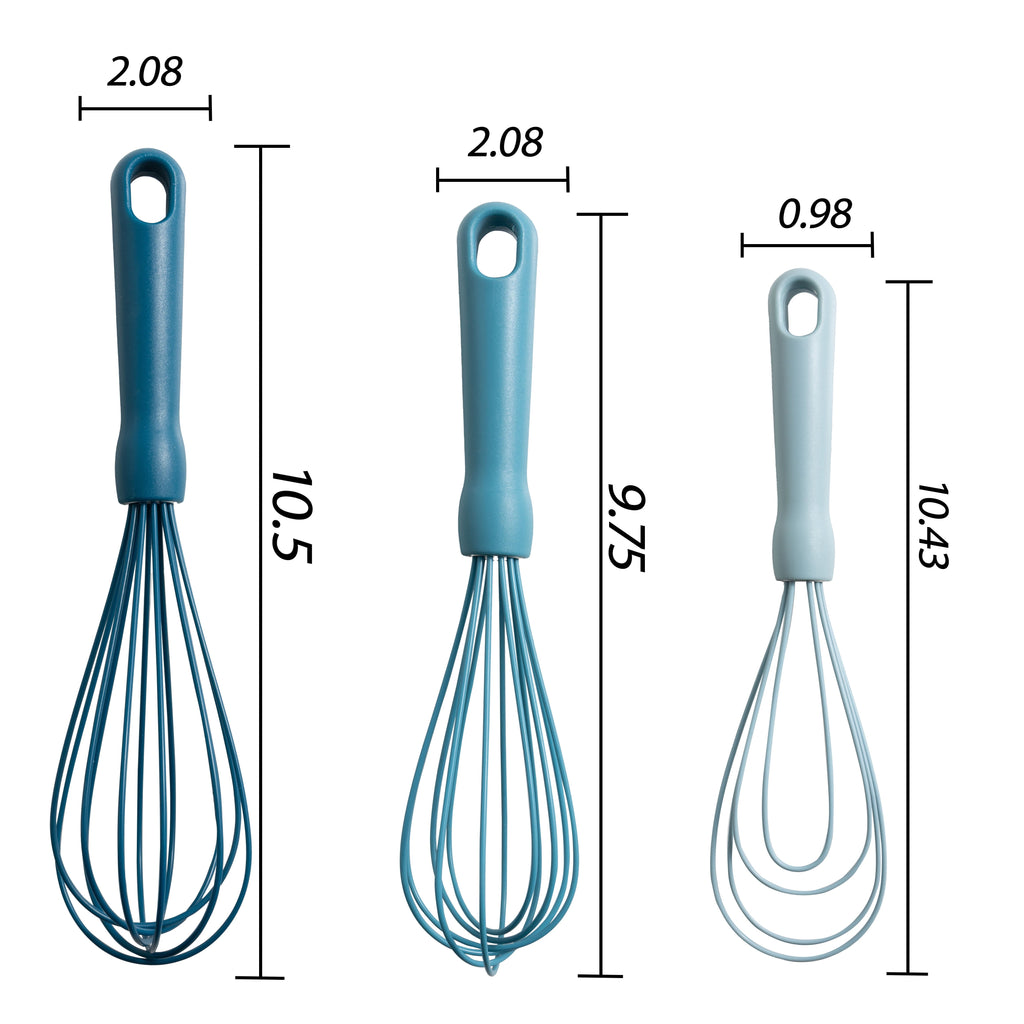 Ergonomic Manual 3-Piece Silicone Whisk Set, 10.5"/10.4"/9.6" L, Blue Color - Kitchen Gadget Tool for Quick Food Prep Detail