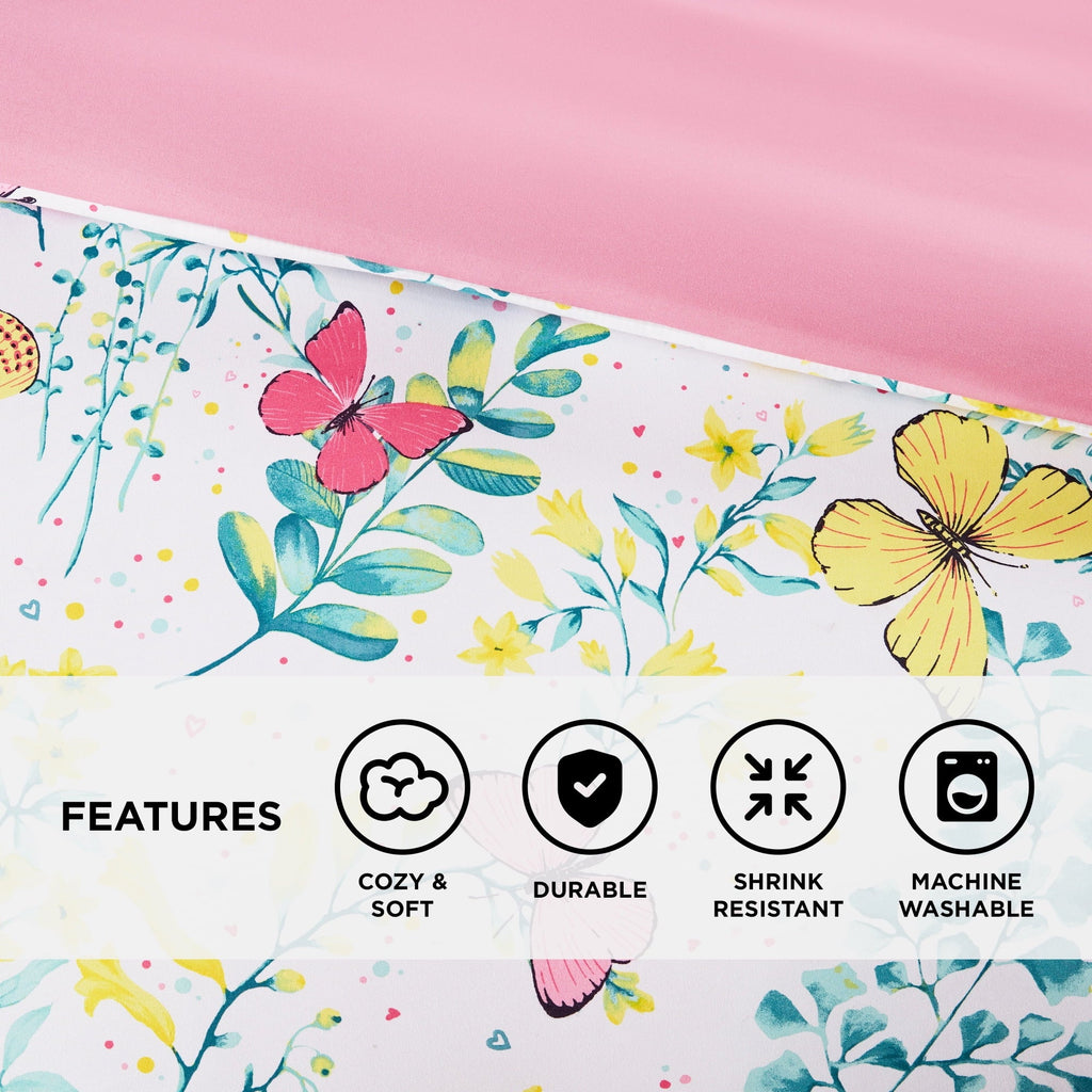 Hypoallergenic Cloud Full/Queen Size Comforter Sets, 4-Piece Kids Bedding Set for Girls, Butterfly Floral Comforter Bed Set, White/Pink - Luxurious Quilted Duvet Cover Set Detail