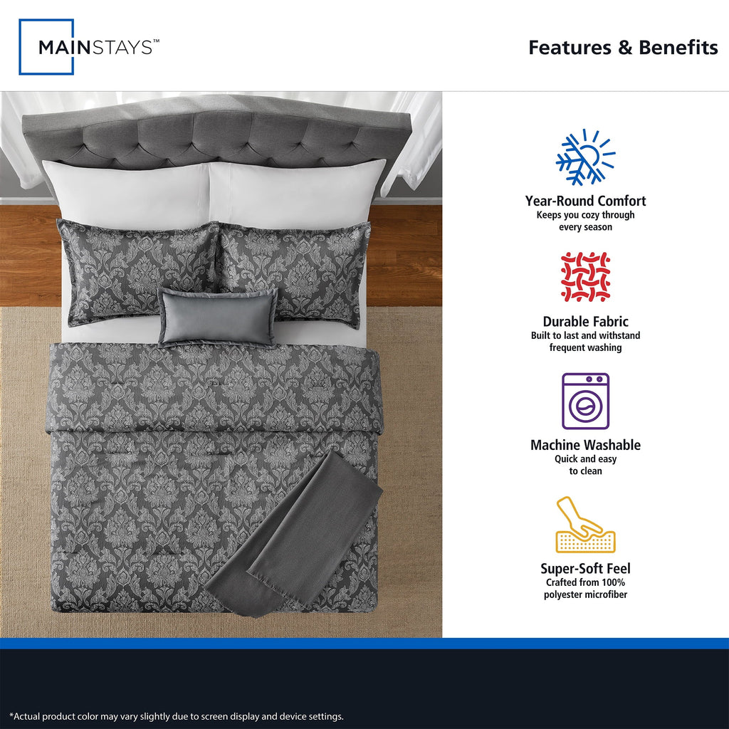 Heavyweight Warmth Full/Queen Comforter Set, All-Season, 5-Piece, Grey Jacquard Damask - Luxurious Quilted Duvet Cover Set Detail