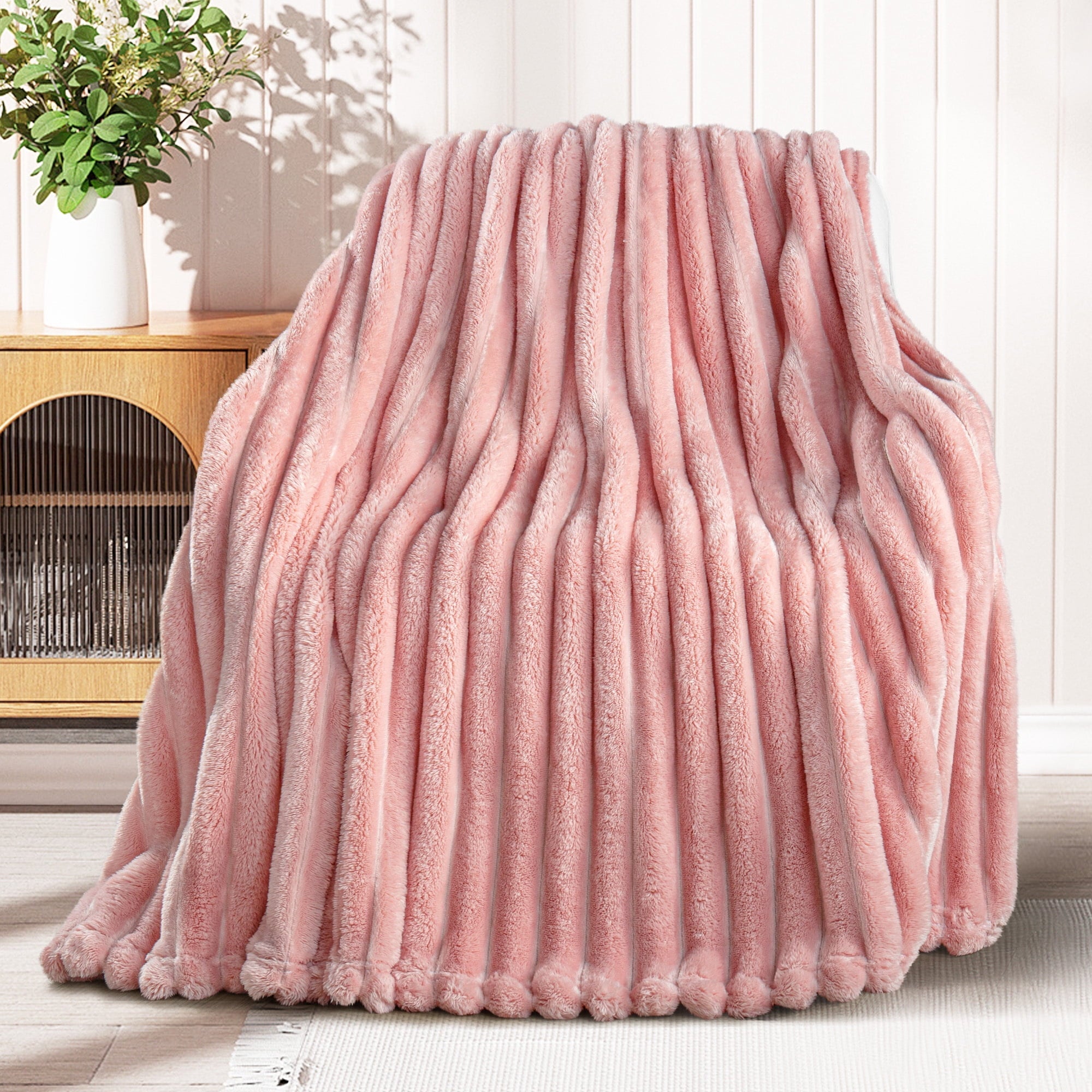 Decorative Knitted Fleece Throw Blanket for Couch, Super Soft 3D Striped Jacquard Blanket, Lightweight Fuzzy Cozy Blankets, Pink, 50"x60" - Cozy Fleece Throw Blanket for Couch & Bed Detail