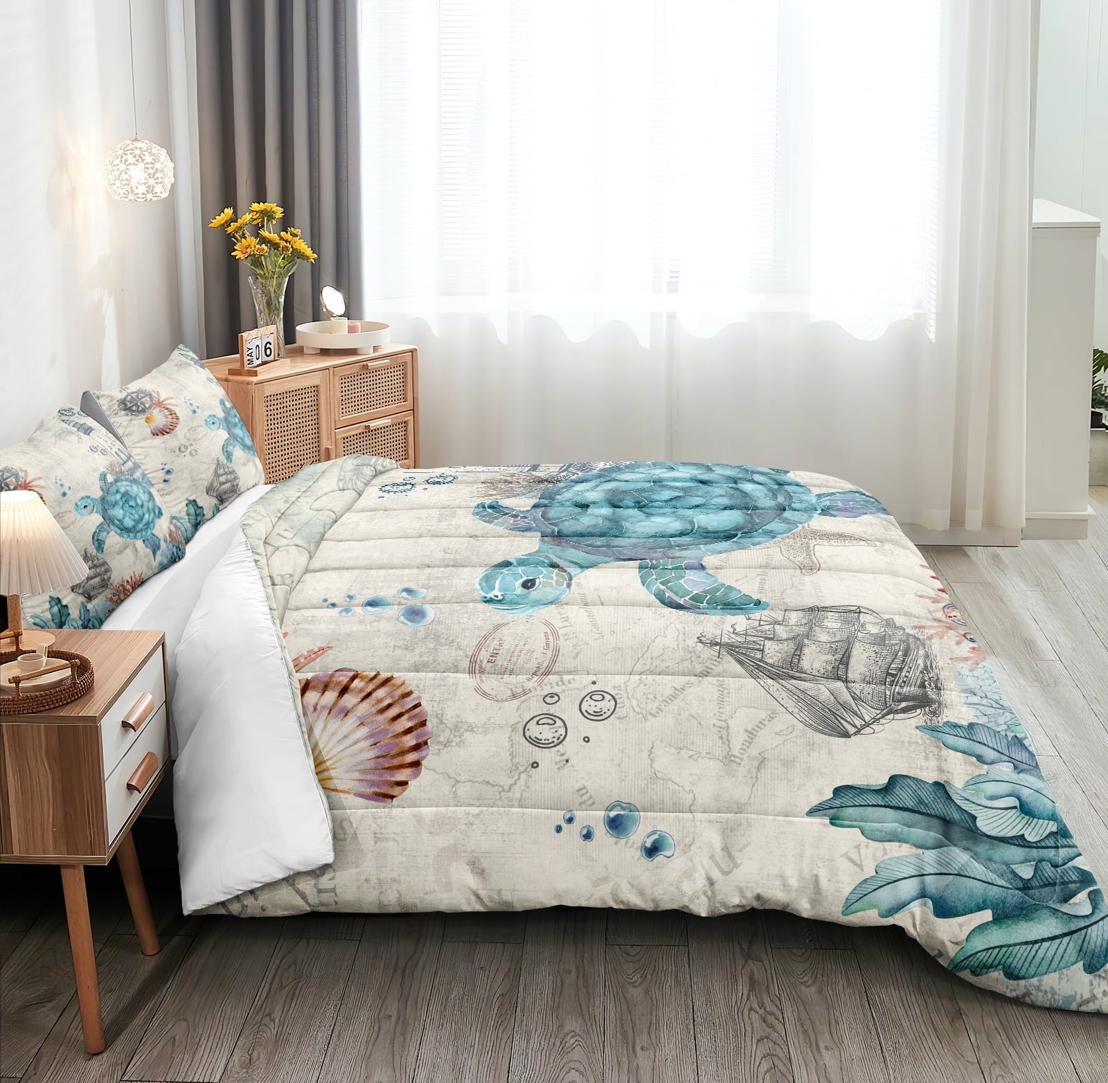 Luxurious Quilted Sea Turtle Comforter Set Queen Ocean Beach Bedding Set Soft and Lightweight Retro Style Design Coastal Bedding Set - Luxurious Quilted Duvet Cover Set Detail