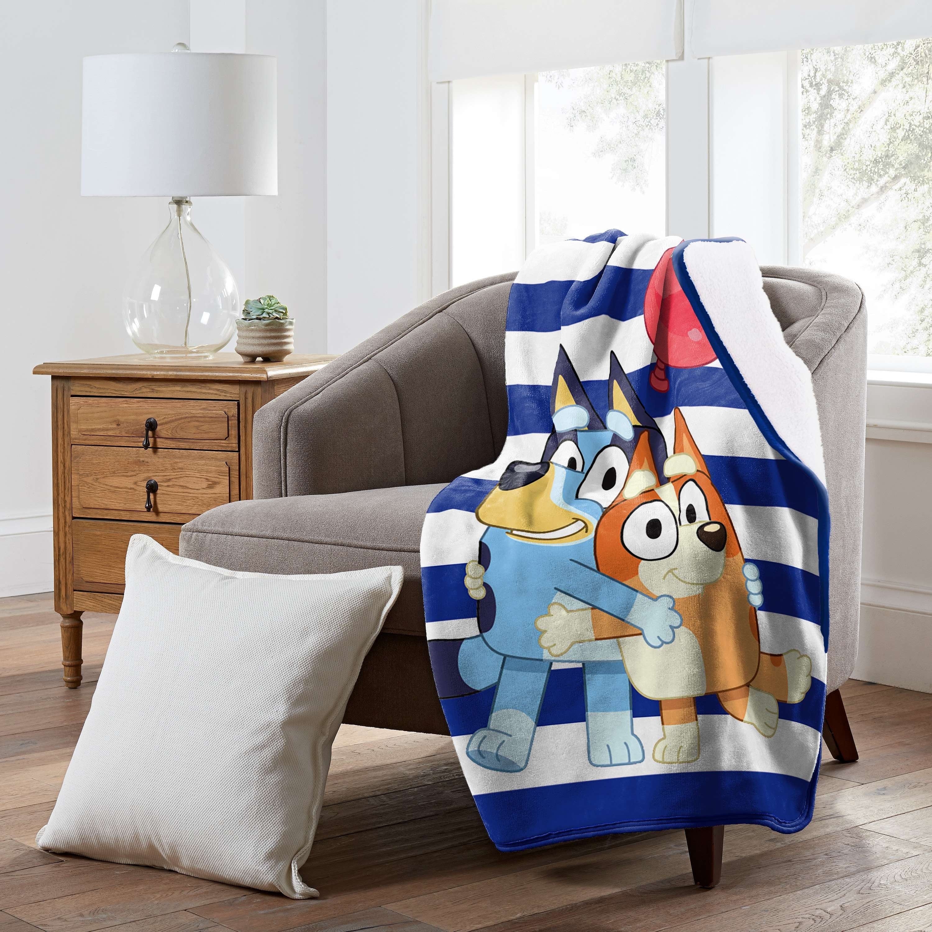 Reversible Sherpa Happy Hugs Kids Silk Touch Throw Blanket with Sherpa Reverse, 46 x 60 inches Blue – Soft Plush Fleece Throw Blanket - Luxury Knitted Decorative Throw Blanket with Fringes Detail