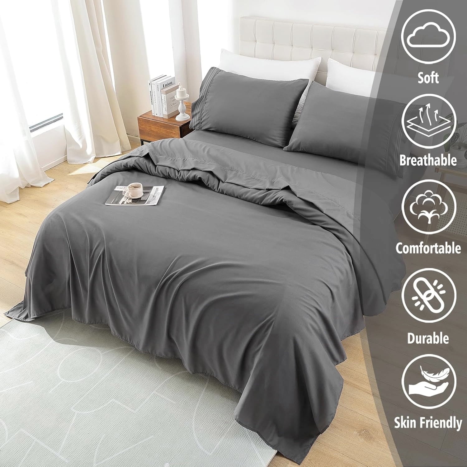 Breathable Luxury 4 Piece Bed Sheet Set, Queen Size Upgraded Cooling Deep Pocket Comfy Breathable Hotel Luxury Bedding, Extra Soft Wrin... - Cooling Hotel Quality Bedding Sheets and Pillowcases Detail