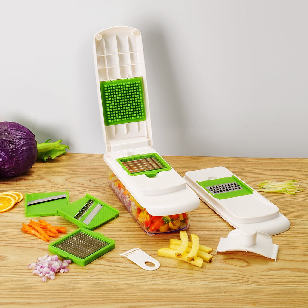 Multi-Functional 11 Pieces Multi-Function Nice Dicer and Mandoline, Stainless Steel, Green Glaze, 820g - Premium Stainless Steel Garlic Presser & Peeler Detail