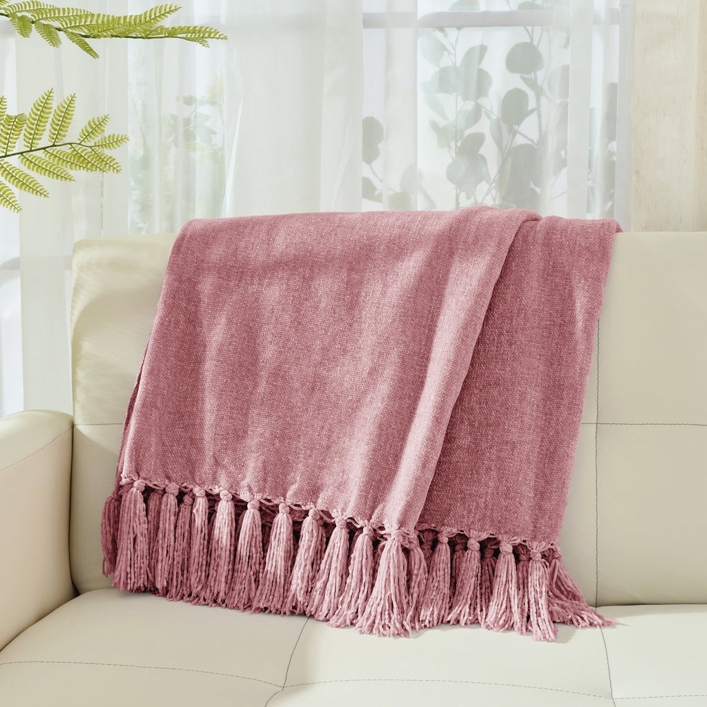 Reversible Sherpa Chenille Throw Blanket with Fringe Tassel for Couch Sofa Chair Bed, Mauve 50" X 70" - Luxury Knitted Decorative Throw Blanket with Fringes Detail