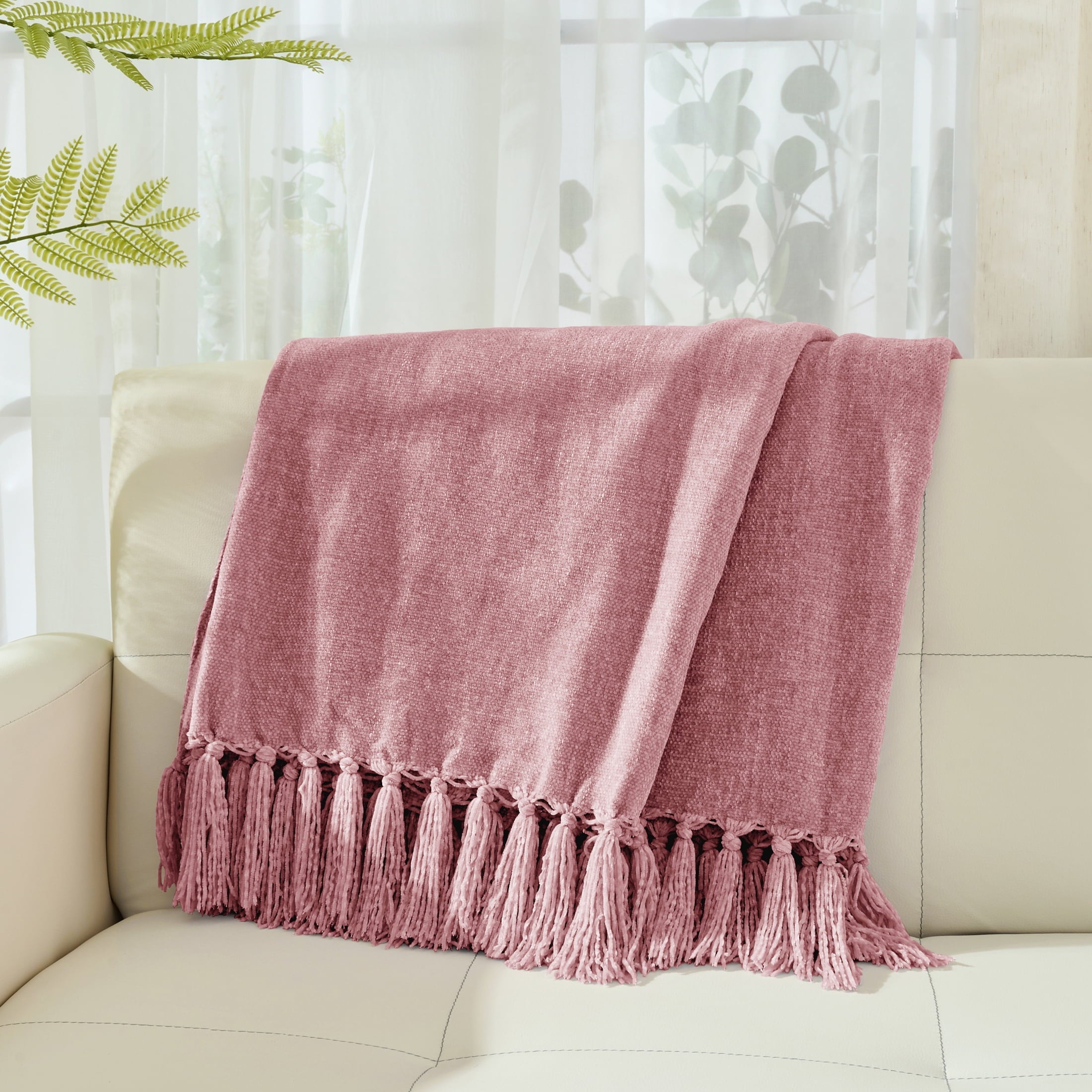Reversible Sherpa Chenille Throw Blanket with Fringe Tassel for Couch Sofa Chair Bed, Mauve 50" X 70" - Luxury Knitted Decorative Throw Blanket with Fringes Detail