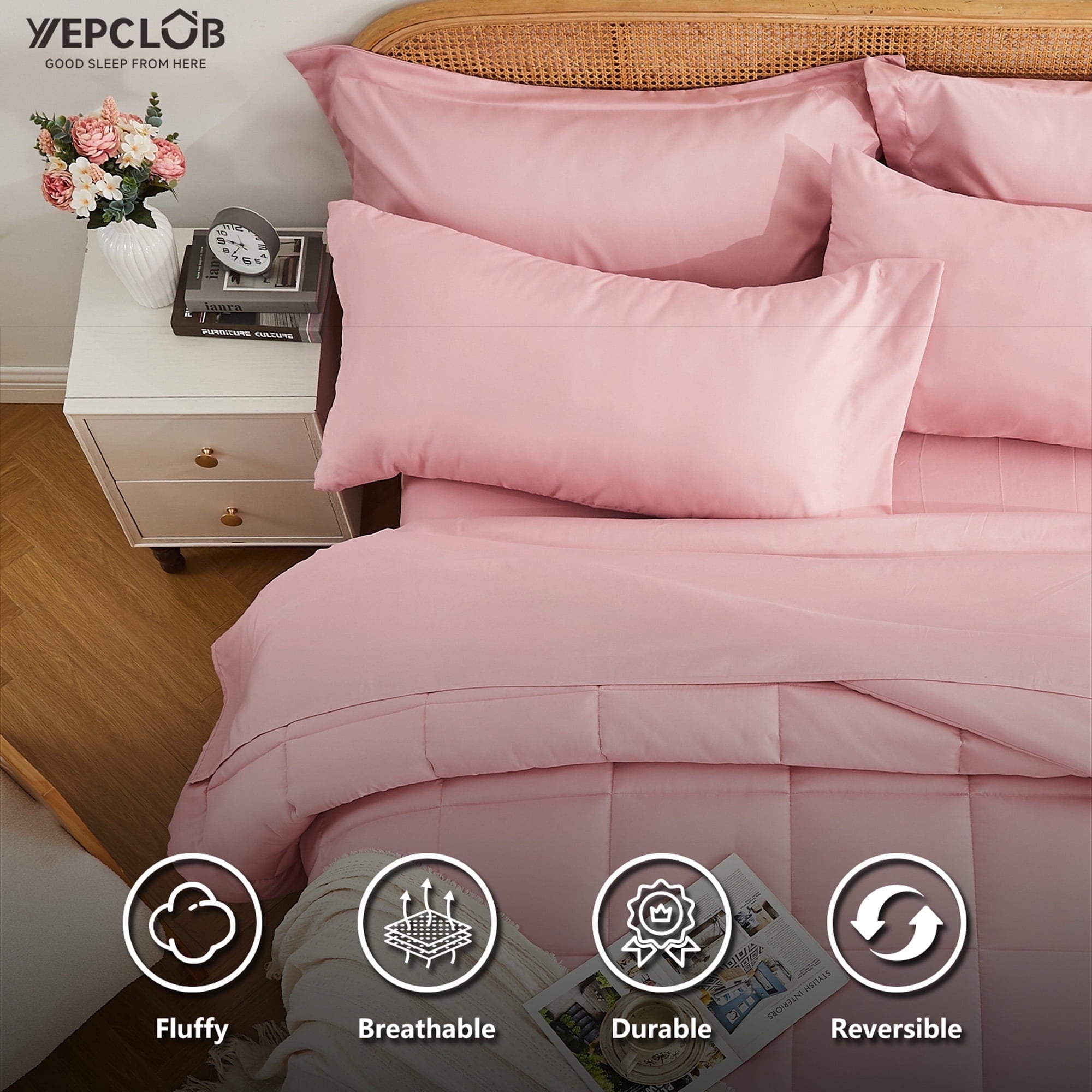 Fluffy Down Alternative 7-Piece Queen Size Comforter Set,Pink Reversible Bed in a Bag,All Season Solid Bedding Set with Sheets,Pillowcases & ... - Hypoallergenic Ultra-Fluffy Quilt for Winter Detail