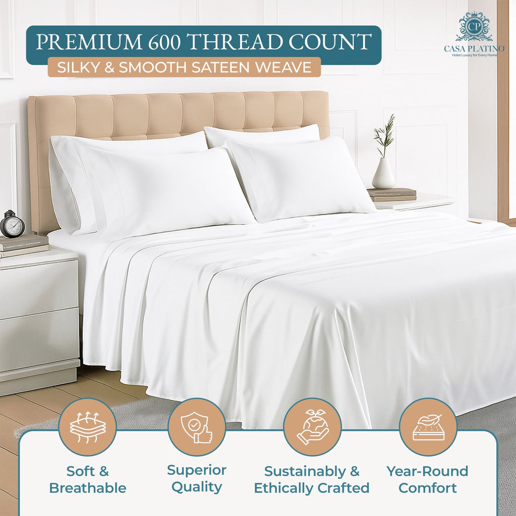 Premium Egyptian Cotton Bed Sheets Set – 6 Piece, 600 Thread Count, 100% Cotton Sheets, Hotel Luxury Sateen Finish, 15" Deep Pocket, Easy to ... - Breathable Egyptian Cotton Flat & Fitted Sheets Detail