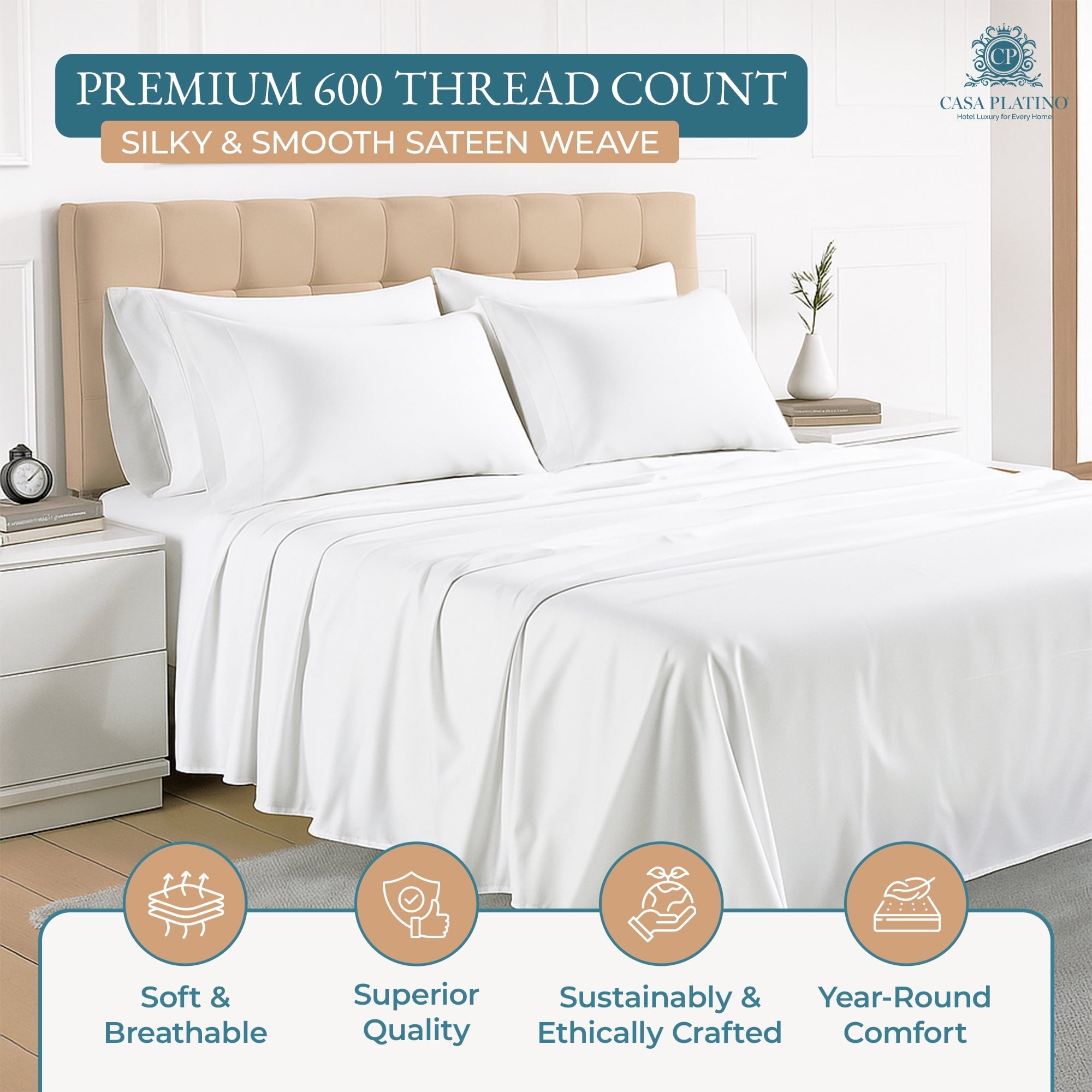 Premium Egyptian Cotton Bed Sheets Set – 6 Piece, 600 Thread Count, 100% Cotton Sheets, Hotel Luxury Sateen Finish, 15" Deep Pocket, Easy to ... - Breathable Egyptian Cotton Flat & Fitted Sheets Detail