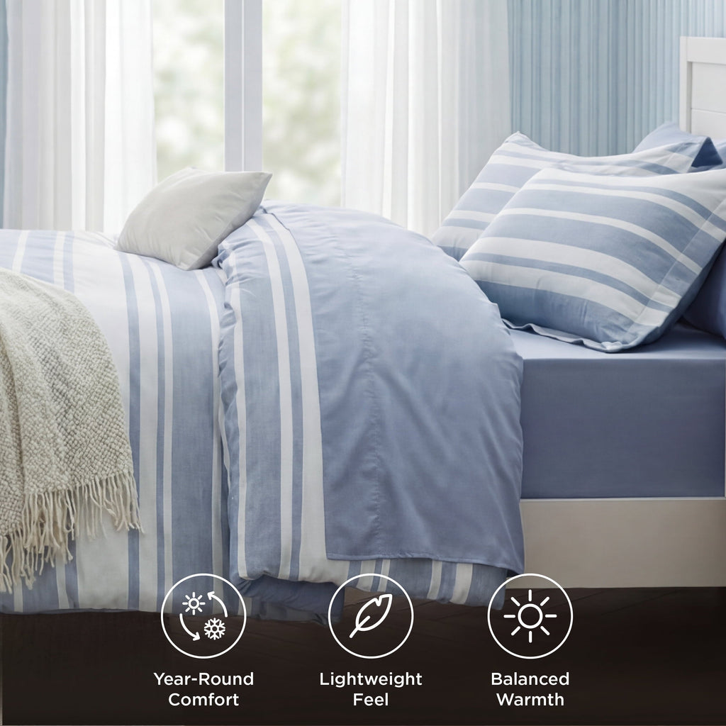 Luxurious Quilted Queen Comforter Set Blue, Bed in a Bag Queen Size Bedding 7-Pieces, Striped Bedding Set for All Seasons - Cloud-Like Soft Lightweight Bed Comforter Detail