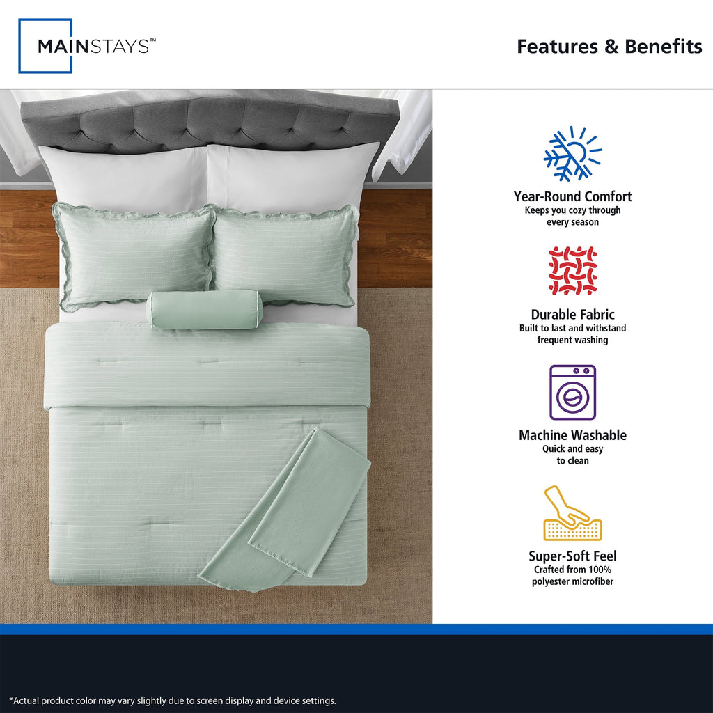 Luxurious Quilted Full/Queen Comforter Set, All-Season, 5-Piece, Sage Pick Stitch Scallop - Hypoallergenic Ultra-Fluffy Quilt for Winter Detail