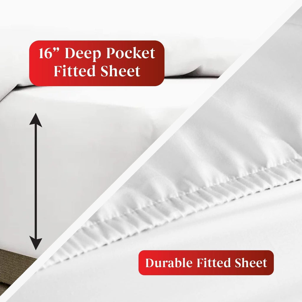 Ultra-Soft Sheet Set of 4, 16-inch Deep Pocket - Microfiber Bed Sheets, White - Breathable Egyptian Cotton Flat & Fitted Sheets Detail