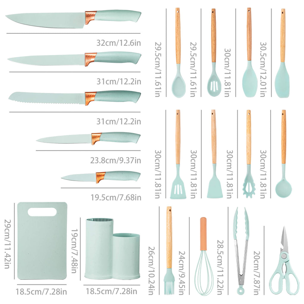 Seamless One-Piece 19pcs Silicone Kitchen Utensil Set, Heat-Resistant Non-Stick Easy Cooking Cleaning Home Light-Green - Ergonomic Kitchen Tongs and Cooking Spoon Utensil Detail