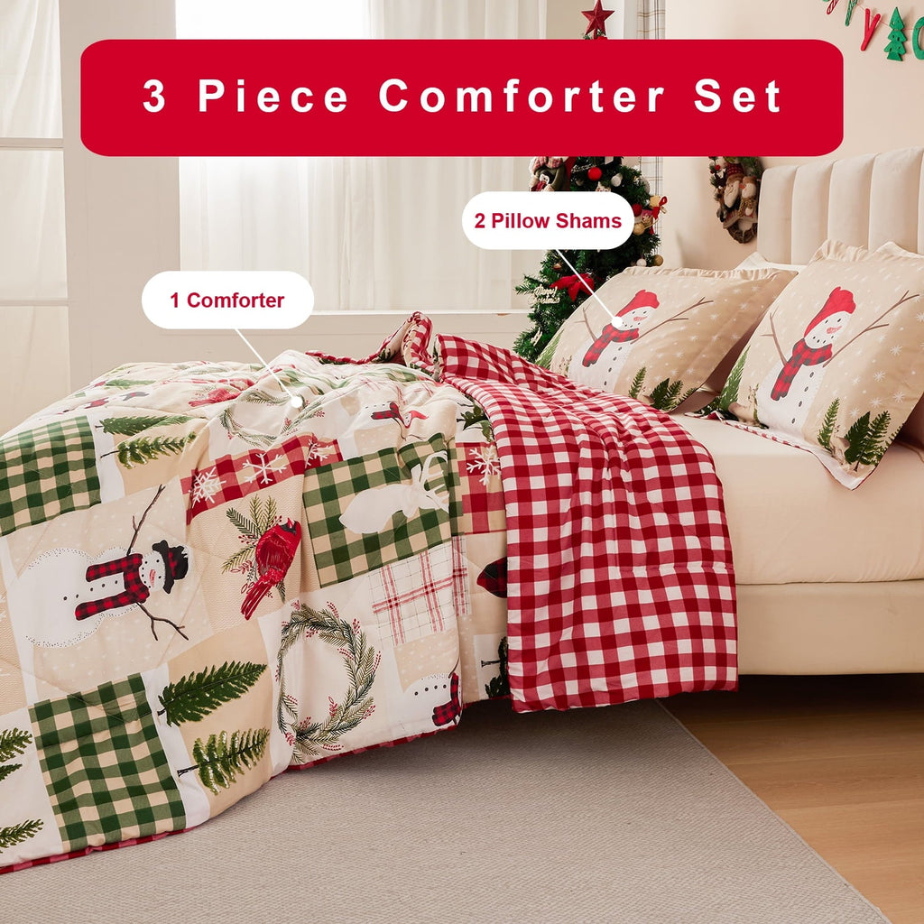 Fluffy Down Alternative 3 Pcs Christmas Comforter Set, Bed in a Bag Wreath Snowman Queen/Full Size Xmas Bedding Set Fitted Pillowcases for Adult - Hypoallergenic Ultra-Fluffy Quilt for Winter Detail