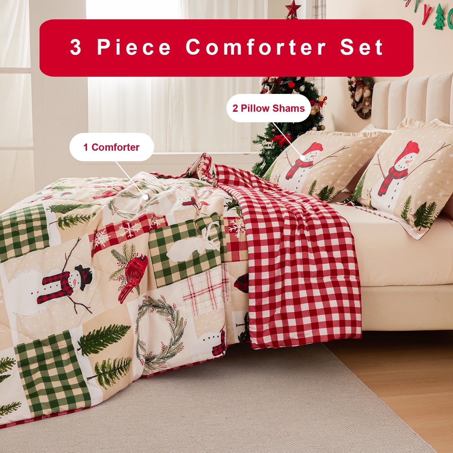 Fluffy Down Alternative 3 Pcs Christmas Comforter Set, Bed in a Bag Wreath Snowman Queen/Full Size Xmas Bedding Set Fitted Pillowcases for Adult - Hypoallergenic Ultra-Fluffy Quilt for Winter Detail