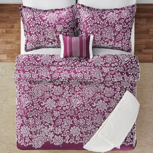 All-Season 5-Piece Jacquard Comforter Set with Decor Pillow and Throw Purple Flocking Embroidery Bedding Set, Full/Queen - Hypoallergenic Ultra-Fluffy Quilt for Winter Detail