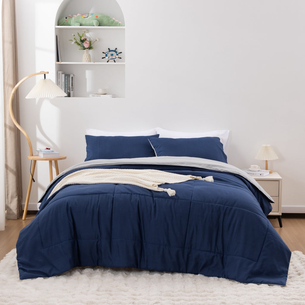 Heavyweight Warmth Queen Comforter Set All Season Reversible Bed Set with 2 Pillow Cases 3 Pieces Bedding Sets Down Alternative Blue/Gra... - Luxurious Quilted Duvet Cover Set Detail